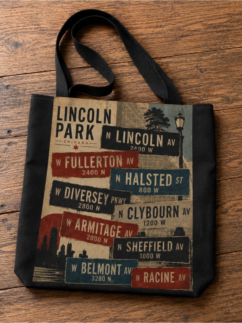 Lincoln Park Chicago Street Signs Tote Bag - Black 16”x16”